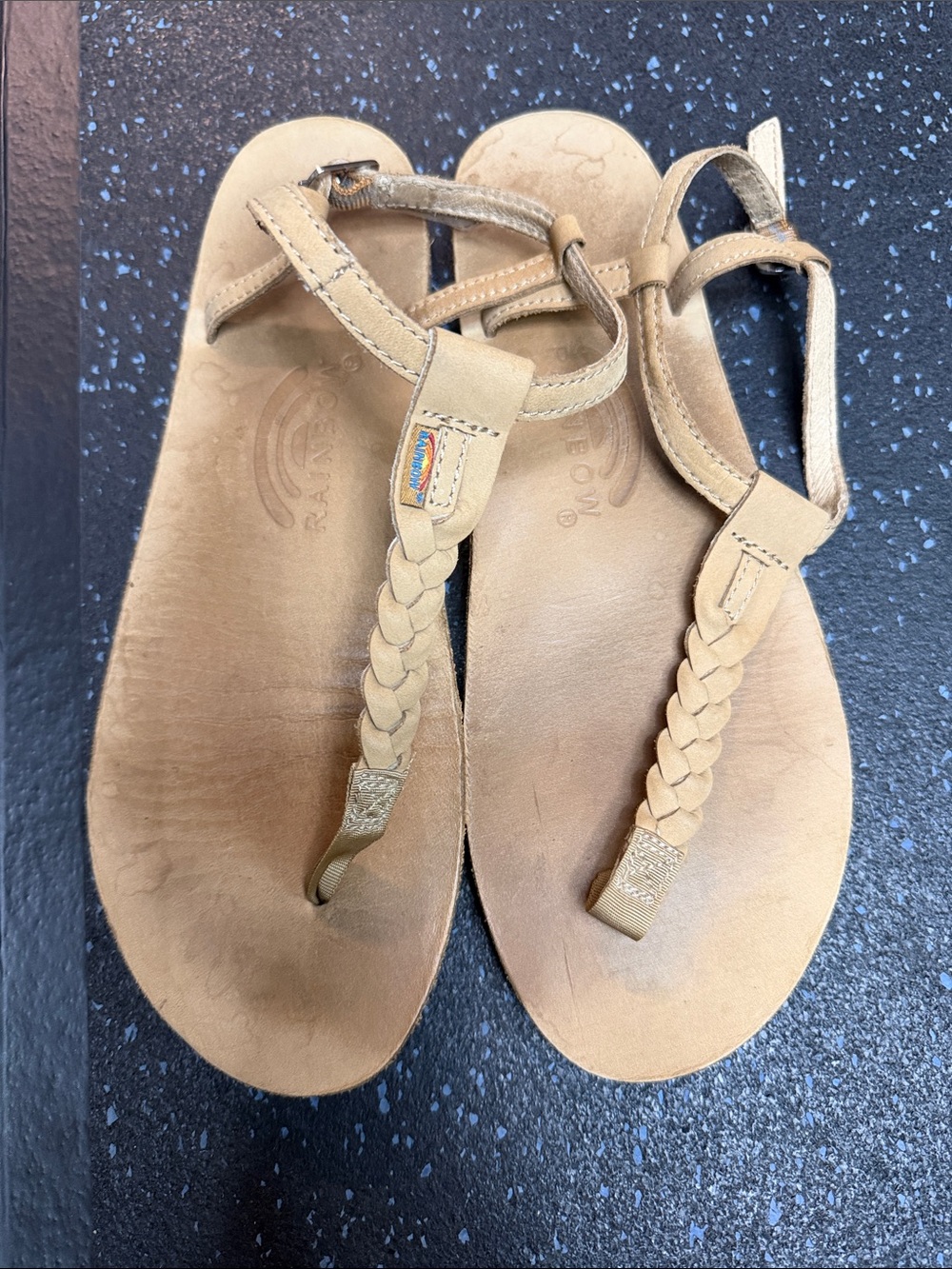 Rainbow Braided Tan Leather T strap sandals
